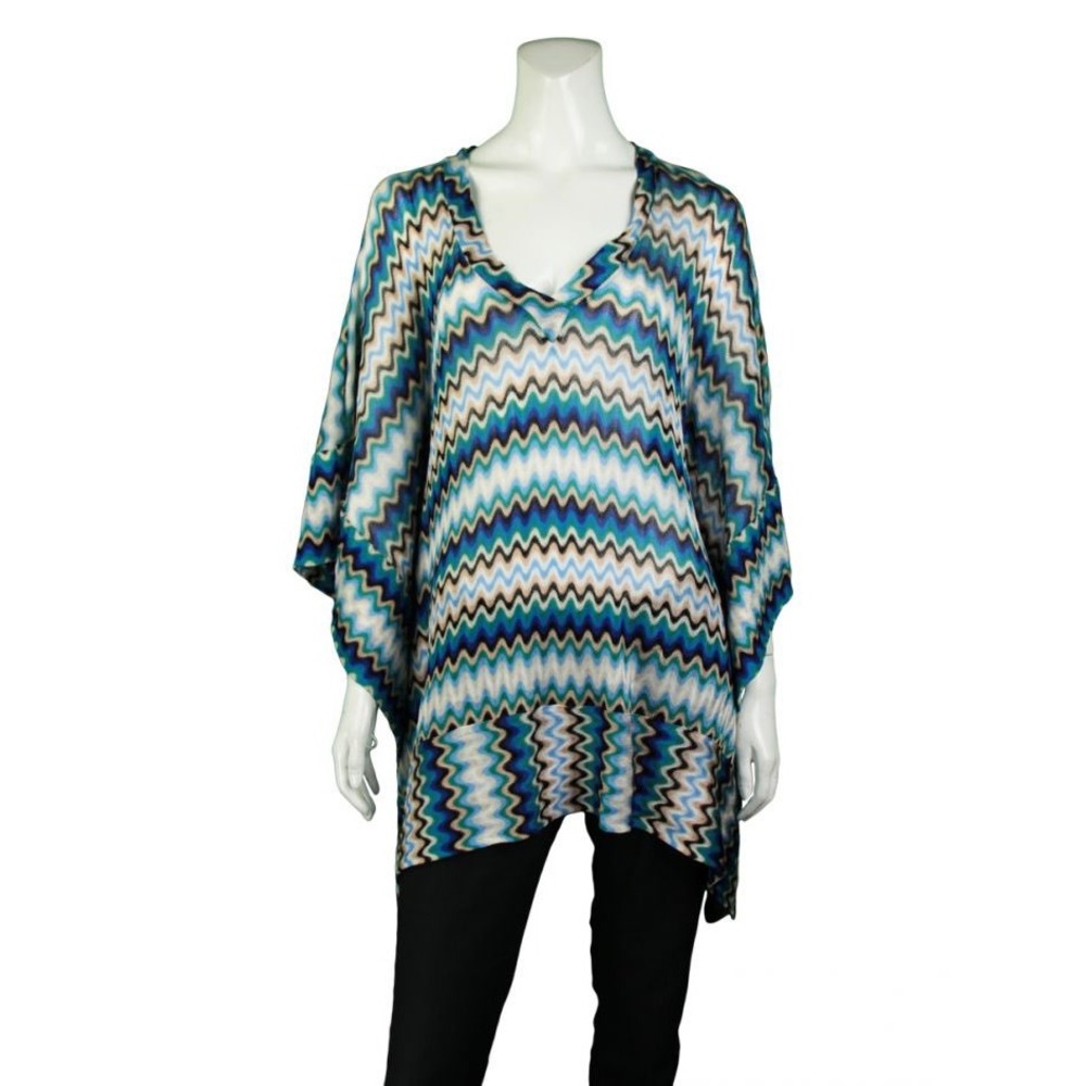 Missoni Mare Blue Zigzag Chevron Knit Poncho Top V-Neck Kaftan Made in Italy OS
